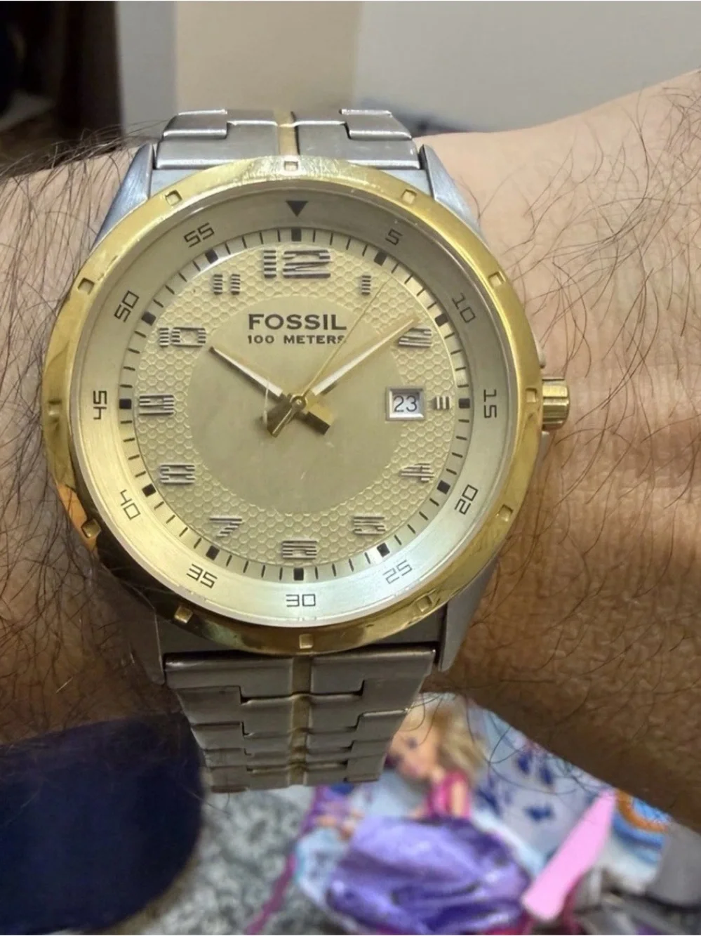 Fossil PR-5363 Men's Watch Two-Tone Gold Silver Stainless Steel Honeycomb Dial